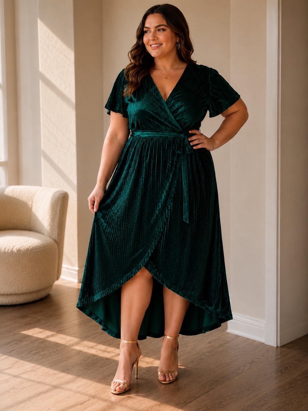 Simplee Plus 3X Emerald Green Velvet Pleated Wrap Midi Dress